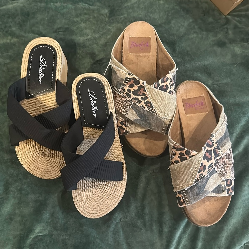 Two pairs of slip on sandals blowfish wedge
